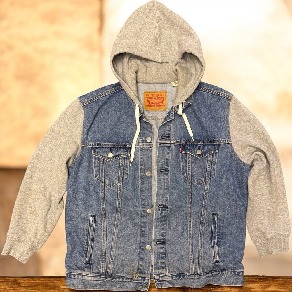 Levi's Denim Trucker Jacket Hoodie Combo XXL Gray Fleece Sleeves